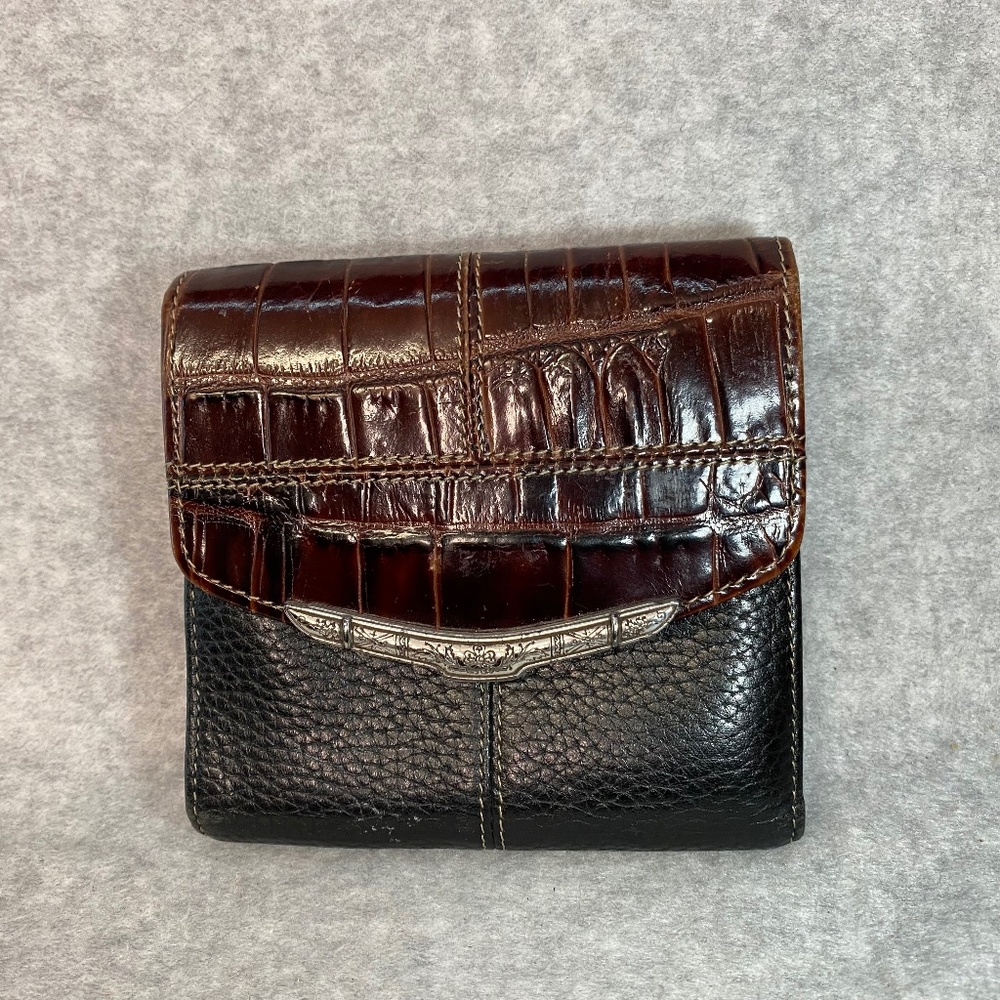 Brighton Leather Wallet Crock Embossed Brown & Pebbled Black TriFold Style